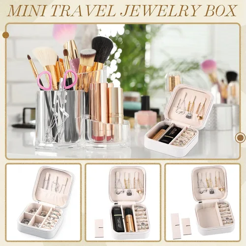 Vista 35 de Yinkin 12 piezas de mini joyero de viaje para dama de honor, organizador de aretes de piel sintética, accesorios de viaje a granel, soporte portátil