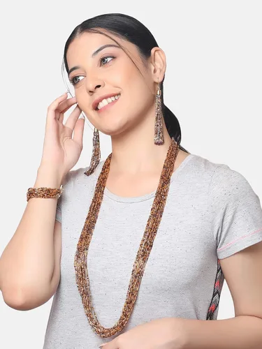 Vista 3 de Pendientes de pulsera de múltiples hebras en capas, collar largo hecho a mano con cuentas para mujer, disfraz de moda, juegos de joyería vintage