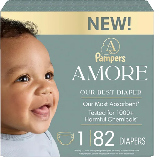 Vista 24 de Pampers Amore, tamaño 0 (hasta 10 libras), 76 unidades, nuestro mejor pañal, hipoalergénico y sin fragancia, hasta 100% a prueba de fugas, suave