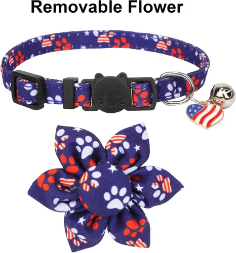 Vista 4 de ADOGGYGO Collares de gato con bandera americana con campana de flor removible, ajustables, patrón de bandera del 4 de julio en rojo y azul, collares