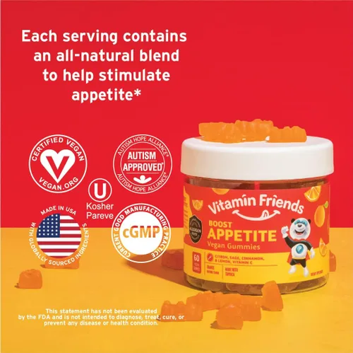 Vista 4 de Vitamin Friends - Gomitas estimulantes del apetito naturales y veganas para niños- Vitaminas para niños sin alérgenos - Sabor naranja (60 gomitas)