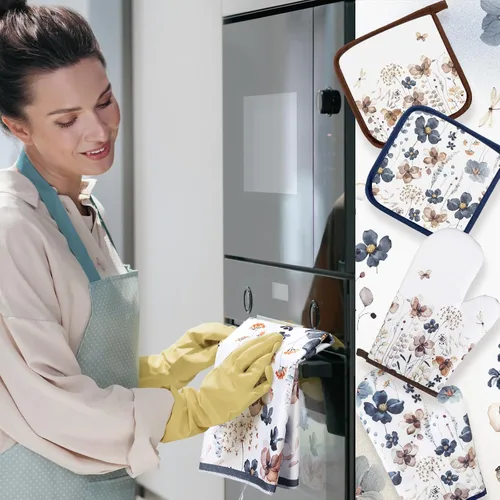 Vista 2 de Teenyyou Juego de 6 toallas de cocina con estampado floral de amapola marrón primavera, guantes de horno y agarraderas, decoración de flores