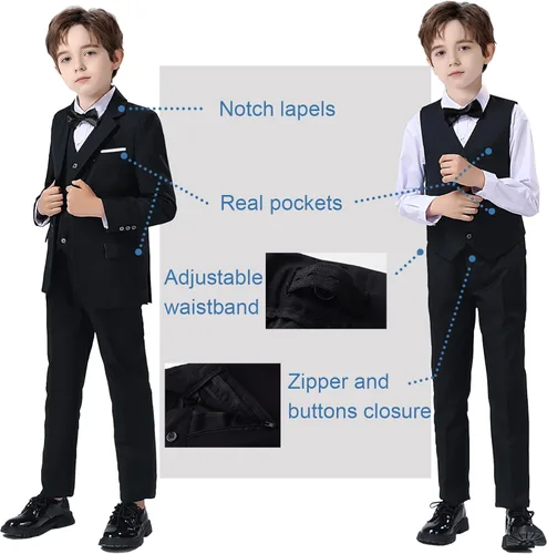 Vista 2 de Traje formal de 5 piezas con cintura ajustable para niños, para boda, baile de graduación