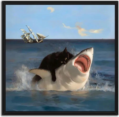 Vista 42 de Divertido arte de pared de tiburón montando chihuahua, impresión en lienzo enmarcada para baño de perro, decoración de pared de animales abstractos