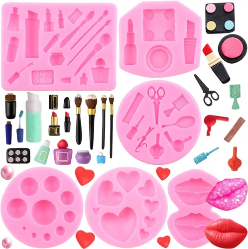 Vista 13 de ZiXiang Moldes de silicona con temática de maquillaje, moldes para fondant, para el día de San Valentín, beso labial, lápiz labial, perfume
