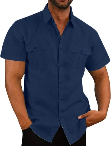 Vista 6 de Men's Cuban Guayabera Linen Shirts Solid Color Casual Short Sleeve Button Down Shirt Summer Beach Tops with Pockets