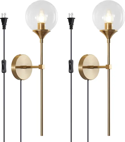 Vista 9 de KCO Lighting Mid-Century - Juego de 2 apliques de pared con cable de cristal dorado, lámparas de pared modernas industriales de brazo largo