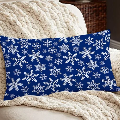 Vista 4 de SPXUBZ Funda de almohada de algodón con diseño de copo de nieve azul, Feliz Navidad, decoración del hogar, funda de cojín rectangular