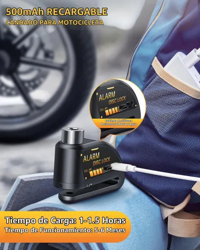 Vista 3 de Candado recargable Onvian para motocicleta con alarma de 120 dB y cable de recordatorio de acero de 1.8 m, para motocicletas, bicicletas, ebikes
