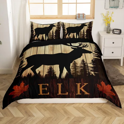 Vista 4 de Funda de edredón de ciervos de alce, juego de ropa de cama de animales del bosque, decoración rústica de granja, funda de edredón individual