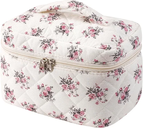 Vista 15 de uekeboag - Bolsa de maquillaje grande de viaje acolchada para mujer, neceser de algodón con estampado floral, neceser con estampado floral