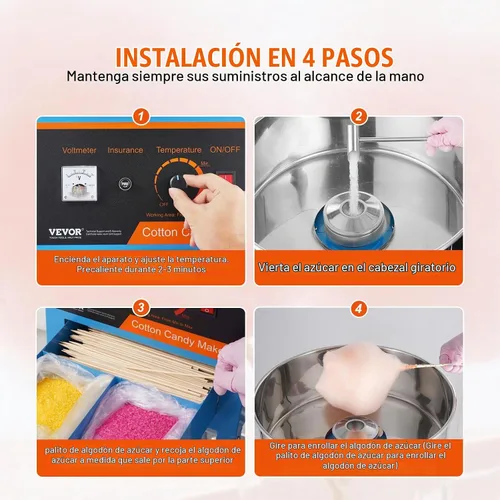 Vista 5 de VEVOR - Máquina eléctrica para hacer algodón de azúcar con carro, máquina comercial para hacer caramelo de 1000W con tazón de acero inoxidable