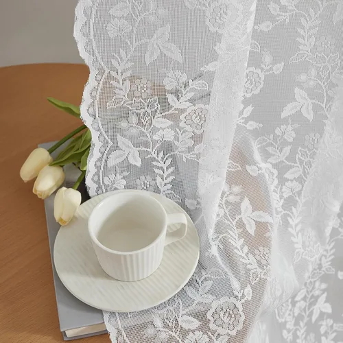 Vista 10 de FINECITY 2 paneles de cortinas de encaje beige de 36 pulgadas de largo con hojas florales rústicas, cortinas cortas y transparentes para ventana