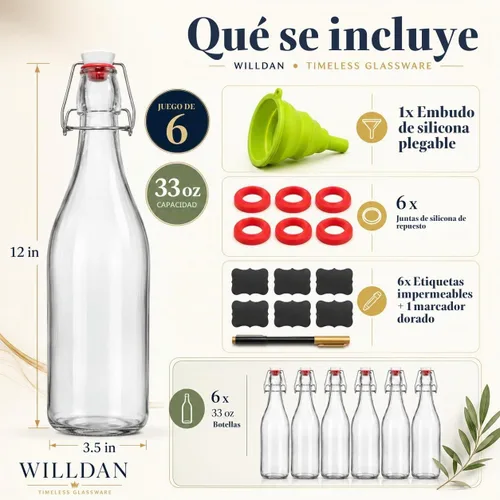 Vista 4 de Botellas de vidrio con tapa abatible [1 litro / 33 onzas líquidas] [Paquete de 4] - Botellas de coquito con tapa abatible para kombucha