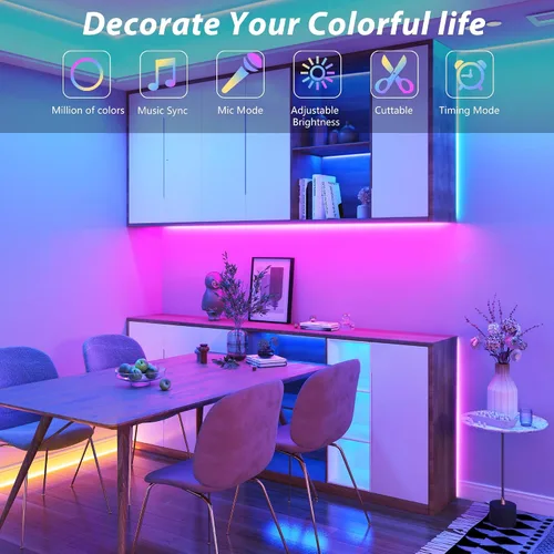 Vista 3 de GANZQH Luces LED para dormitorio de 200 pies (2 x 100 pies), tira de luces LED RGB que cambian de color con sincronización de música, control remoto