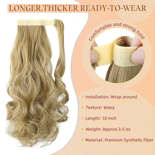 Vista 3 de FELENDY Extensión de cola de caballo, extensiones de cabello largo envolvente de 18 pulgadas, extensiones de cabello ondulado y rizado con clip