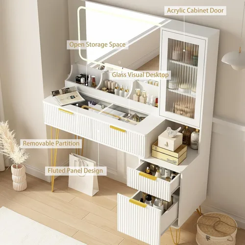 Vista 4 de Escritorio de tocador de 43 pulgadas con espejo y luces, mesa de tocador de maquillaje con 4 cajones, tocador blanco para dormitorio, escritorio