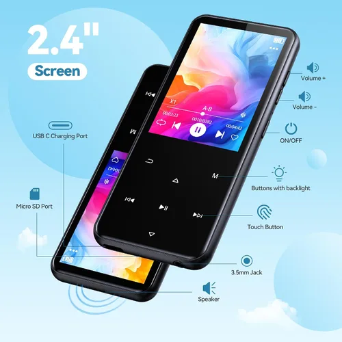 Vista 5 de AGPTEK Reproductor MP3 de 64 GB con Bluetooth, M3 Reproductor de música de 2.4 pulgadas con altavoz y radio FM, botones táctiles, soporta hasta 128