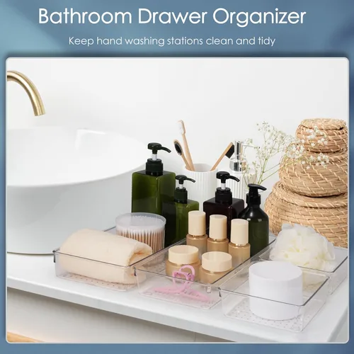 Vista 5 de Juego de 12 organizadores grandes de plástico transparente para cajones, organizador de baño acrílico, bandejas divisoras, organizadores de cocina