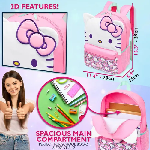 Vista 2 de Hello Kitty Sanrio - Mochila para niñas con lazo en 3D, mochila de anime Kawaii para niños, cosas lindas para el regreso a clases, mochilas, regalos