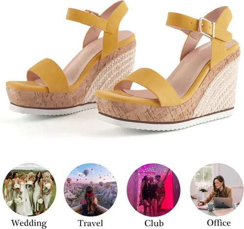 Vista 6 de Sandalias de plataforma de cuña para mujer, puntera abierta, correa de hebilla de tobillo, zapatos casuales de verano