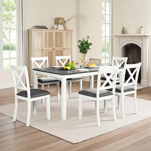 Vista 29 de Juego de mesa de comedor Trygoal para 5, juego moderno de 6 piezas para comedor con mesa rectangular, 4 sillas tapizadas con respaldo y un banco