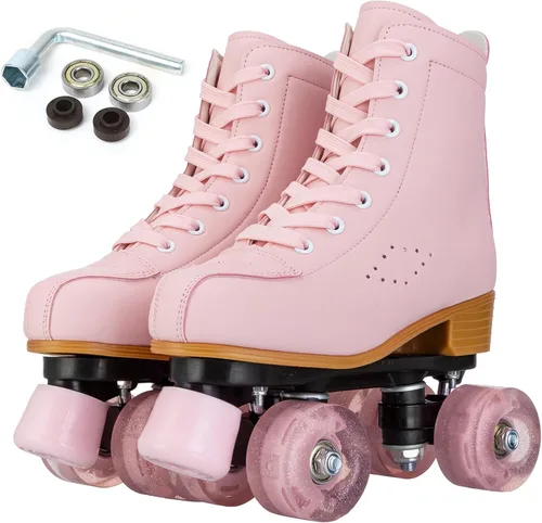 Vista 7 de Patines de ruedas para niñas y mujeres, patines de piel sintética acogedores en color rosa y púrpura con luces, patines para interiores y exteriores