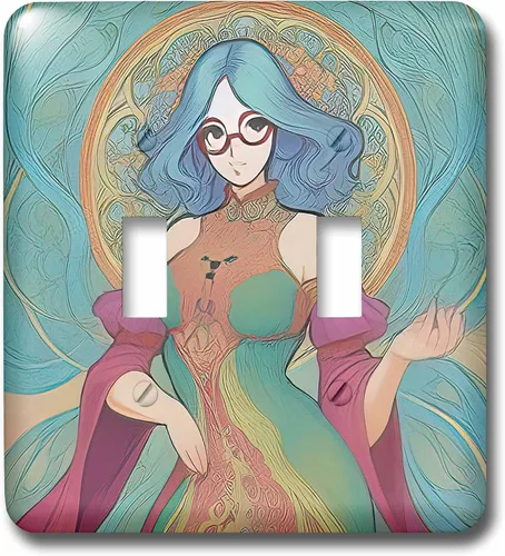 Vista 3 de 3dRose Art Nouveau woman. Fantastic goddess of Spring. Green hair, glasses 2 plug outlet cover