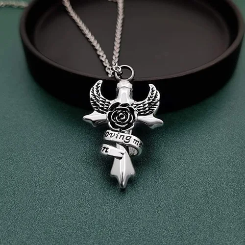 Vista 6 de Collar de urna de alas de ángel con cruz para cenizas en memoria amorosa, papá, mamá, abuela, abuelo, hermano, hermana, tía, hijo, cremación