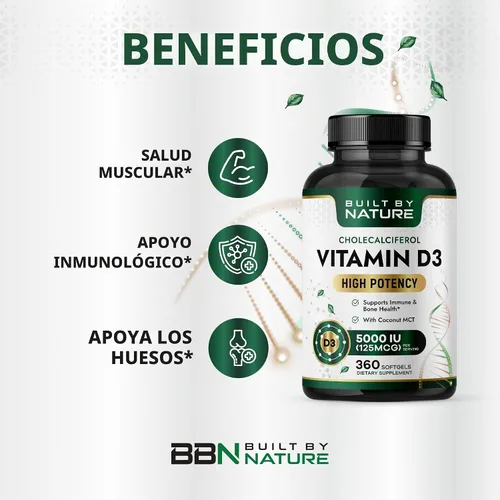 Vista 2 de Built by Nature Suplemento de vitamina D3 de 5000 UI, 360 mini cápsulas blandas