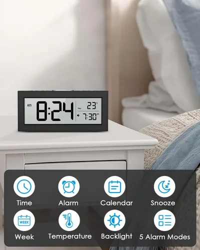 Vista 6 de AMIR Reloj despertador alimentado por pilas, reloj despertador de viaje con pantalla LCD grande que muestra la hora/fecha/temperatura, reloj digital