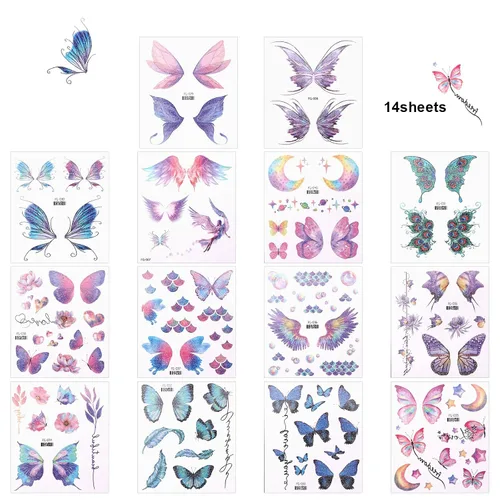 Vista 3 de 14 hojas de tatuajes de mariposa con purpurina, calcomanías temporales, impermeables, mariposas, tatuajes, rostros, alas de purpurina, maquillaje