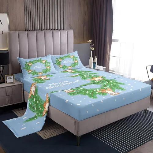 Vista 9 de Juego de sábanas tamaño individual, sábanas para árbol de Navidad, sábanas y fundas de almohada de microfibra de 3 piezas, juego de sábanas