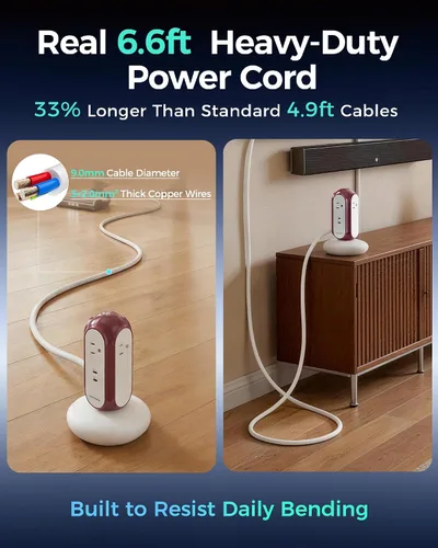 Vista 8 de MiaoLab Torre de regleta de alimentación con 2 puertos USB-C (carga rápida de 30 W), protector de sobretensiones 1420J, 4 salidas de CA, cable