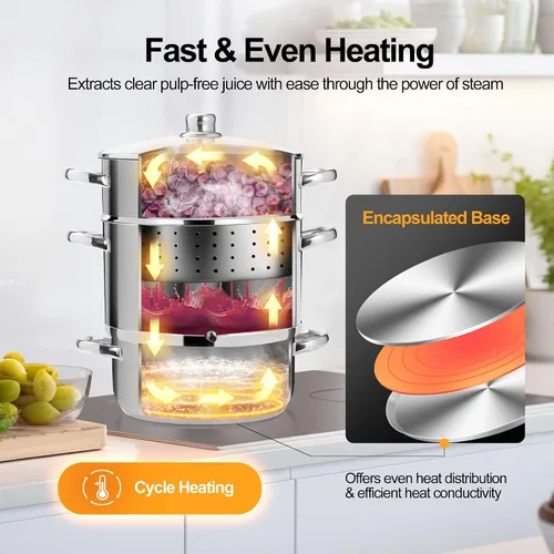 Vista 3 de Exprimidor de frutas de acero inoxidable de 8.5 cuartos de galón / 8 L con tapa de vidrio para enlatado de uva
