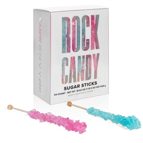 Vista 8 de Palitos de azúcar de caramelo de roca azul claro y rosa claro, 12 golosinas envueltas individualmente, sabor a algodón de azúcar y cereza