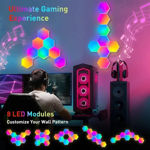 Vista 4 de TISOFU Luces Hexagonales (Paquete de 8) Paneles de Pared LED, Luces RGB para Juegos con APP, Panel Modular Inteligente Azulejos Hexagonales Push