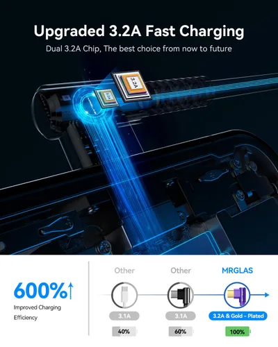 Vista 2 de MRGLAS - Cable de carga USB tipo C de 3.2 A [4 unidades, 90° y chapado en oro] Carga rápida 10+6.6+3.3+1.6FT, Right Angle Type C Charger Durable