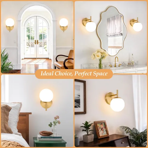 Vista 6 de Juego de dos apliques de pared dorados, paquete de 2 lámparas de baño de oro cepillado con vidrio de globo blanco lechoso, apliques modernos