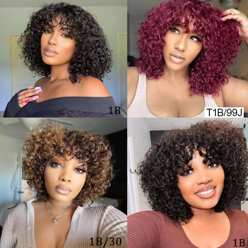 Vista 6 de Peluca de cabello humano corto rizado degradado con flequillo, peluca rizada sin pegamento Wear and Go None Lace Wigs for Black Women Human Hair