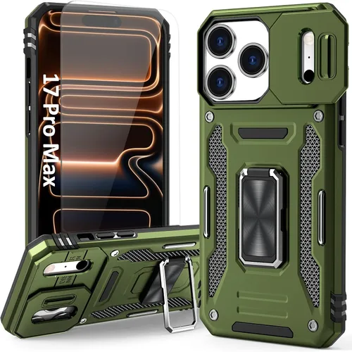 Vista 23 de Funda compatible con iPhone17 Pro con soporte, cubierta de cámara y protector de pantalla HD, doble capa a prueba de golpes, protección contra