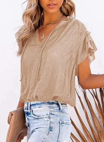 Vista 3 de Dokotto - Blusas informales con cuello en V para mujer, diseño de manga corta, con cordón ajustable