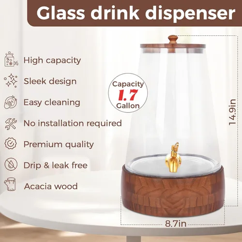Vista 4 de Dispensador de bebidas de vidrio para fiestas, dispensador grande de bebidas de 1.72 galones con soporte dispensadores de jugo con jarra de espita