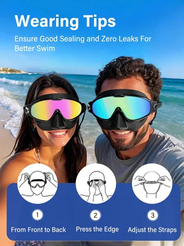 Vista 7 de Gafas de natación para adultos con cubierta de nariz para hombres y mujeres, paquete de 2 gafas de natación de visión amplia, antivaho, UV, sin