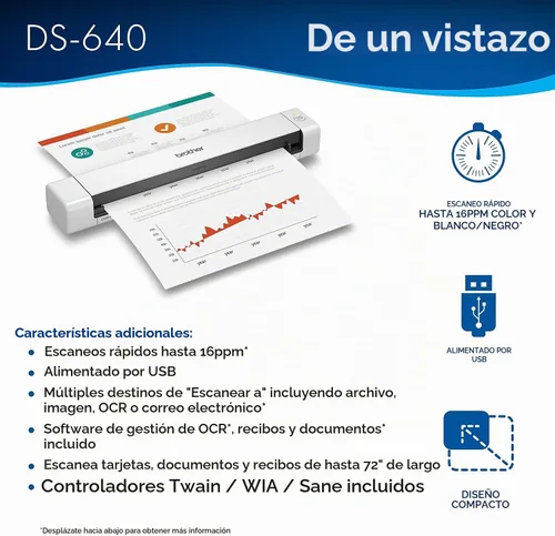 Vista 2 de Brother DS-640 Escáner Compacto Móvil de Documentos, (Modelo: DS640) 1.5"x2"x11.9