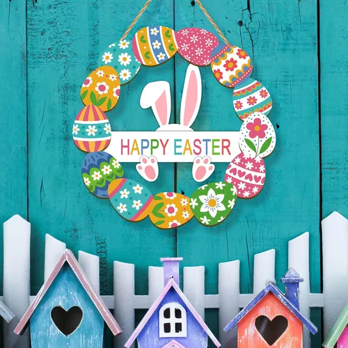 Vista 3 de Decoración de Pascua de madera para decoración de puerta delantera, letrero de Pascua, decoración de primavera, letrero de conejo, flor de huevo
