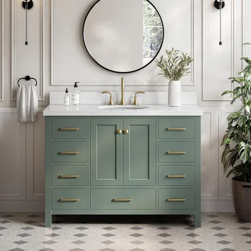 Vista 35 de ARIEL Cambridge tocador de baño con fregadero, madera maciza, encimera y protector contra salpicaduras de cuarzo blanco puro de 1.5 pulgadas