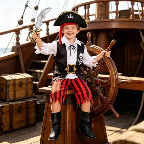 Vista 4 de Disfraz de pirata de Halloween para niños, disfraz de pirata con accesorios, regalos de fiesta de cumpleaños