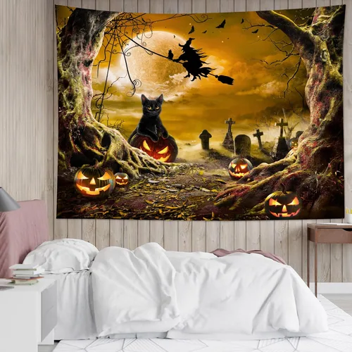 Vista 26 de LB Tapiz espeluznante de cementerio de Halloween, lápida aterradora con árboles muertos, tapiz de bosque para colgar en la pared, tapiz de fondo