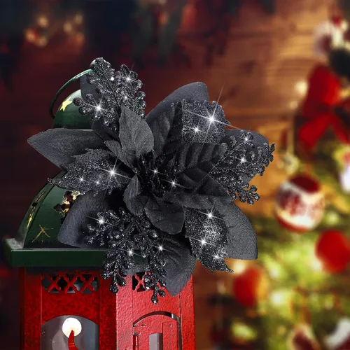 Vista 6 de Canlierr 12 piezas flores de Pascua de Navidad de 5.7 pulgadas con purpurina, flores artificiales con clips, adorno de árbol de Navidad para corona
